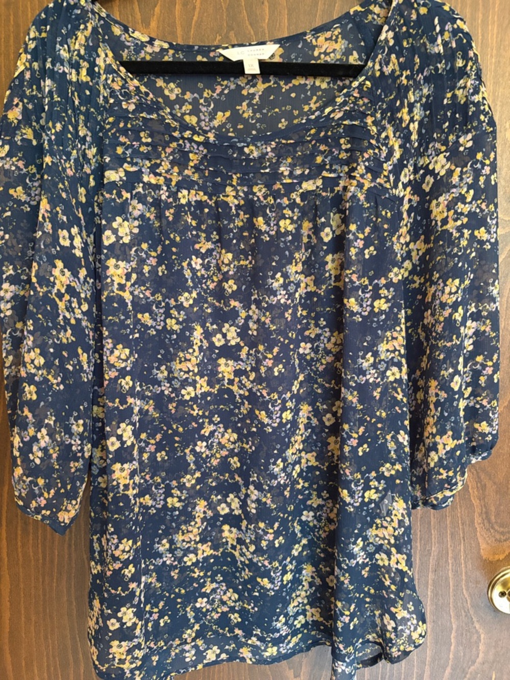 LC Lauren Conrad Navy Floral Pintuck Yoke Blouse